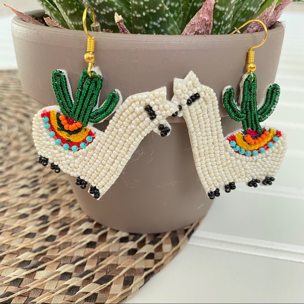 Seed Beaded Llama Earrings in Ivory